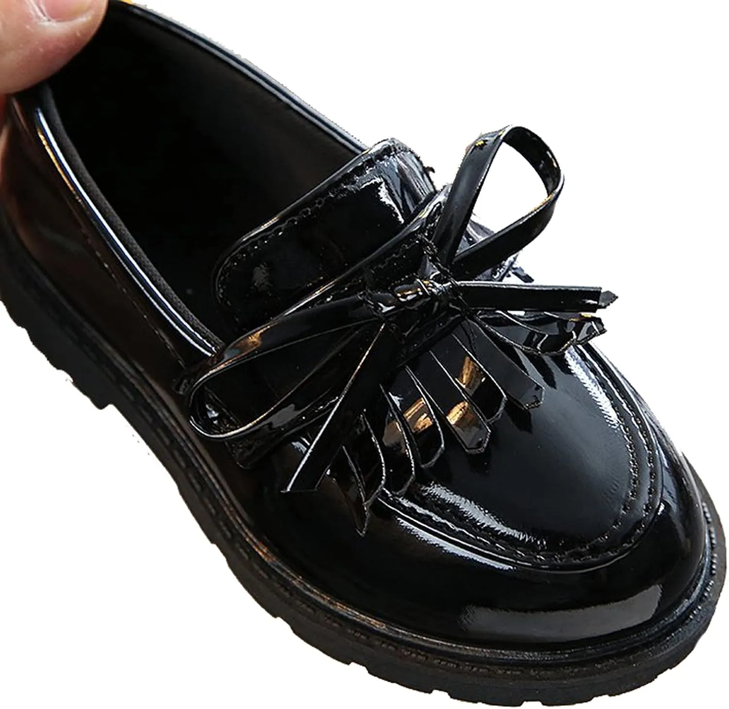 WUIWUIYU Girls Patent Leather Slip-On Penny Loafers Flats Bow Tassel Oxfords Moccasins Dress Shoes