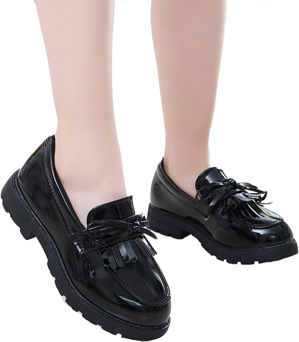 WUIWUIYU Girls Patent Leather Slip-On Penny Loafers Flats Bow Tassel Oxfords Moccasins Dress Shoes