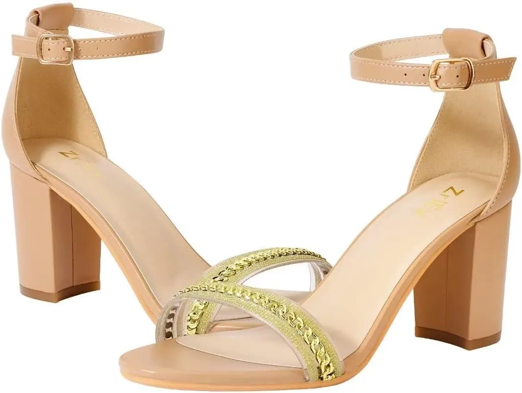 ZriEy Women's Chunky Block Open Toe Mid Heeled Sandals Two Strap Slip on Heels Slide Sandals for Party Wedding Dress Dating Daily Pumps Shoes