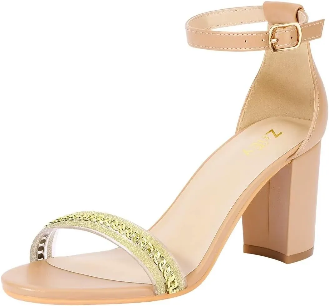 ZriEy Women's Chunky Block Open Toe Mid Heeled Sandals Two Strap Slip on Heels Slide Sandals for Party Wedding Dress Dating Daily Pumps Shoes