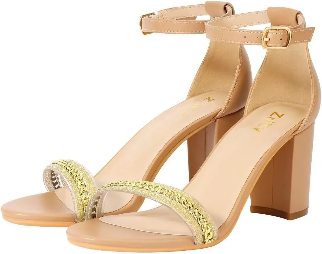 ZriEy Women's Chunky Block Open Toe Mid Heeled Sandals Two Strap Slip on Heels Slide Sandals for Party Wedding Dress Dating Daily Pumps Shoes