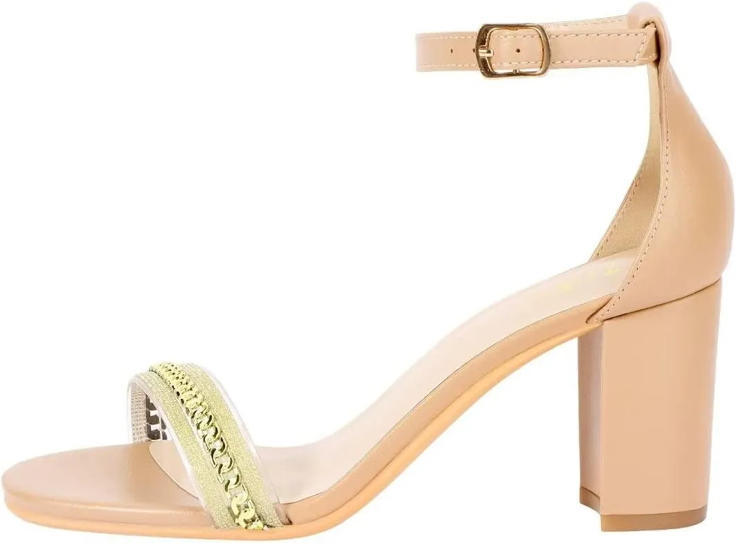 ZriEy Women's Chunky Block Open Toe Mid Heeled Sandals Two Strap Slip on Heels Slide Sandals for Party Wedding Dress Dating Daily Pumps Shoes
