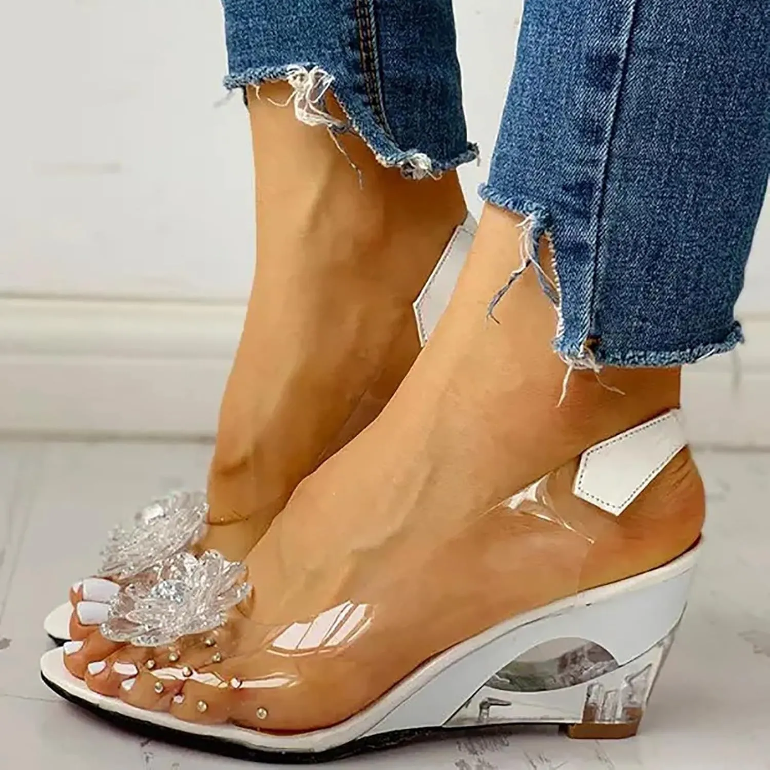 ZSpzx Women's Heeled Sandals Transparent Platform Wedges Sandal Slip On Fish Mouth Flowers Rhinestone Slippers High Sexy Block Heels Shoes Dress Elastic Slides for Work Party Casual Wedding